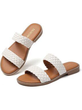 🆕 Women's White Braided Woven Studded Flat Two Strap Slide Sandals